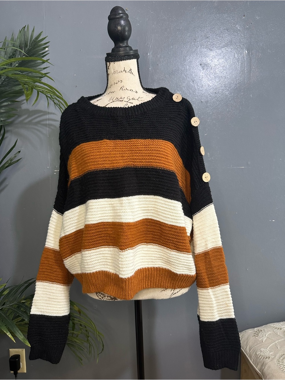 Rue21 Striped Crewneck Sweater in Black, Cream & Brown